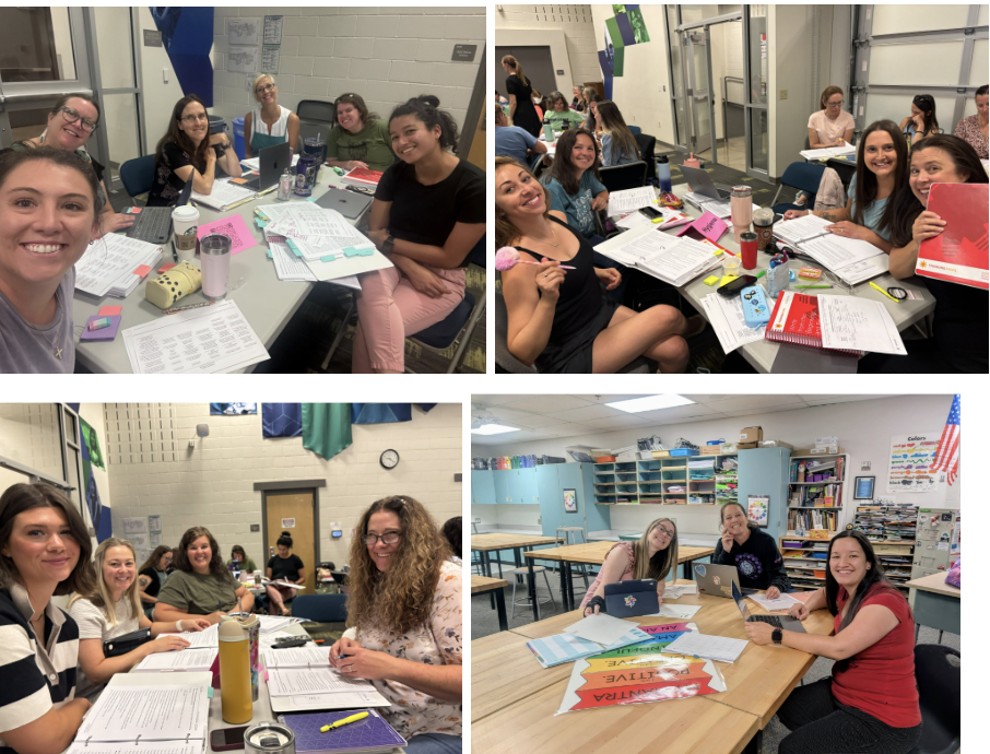 Multiple women collaborate at tables, studying together with papers, laptops, and drinks in a classroom setting.